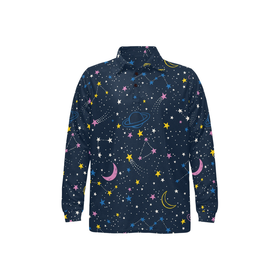space pattern with planets, comets, constellations Men's Long Sleeve Polo Shirt