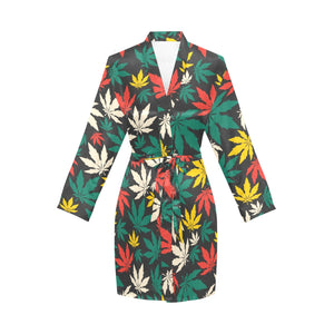 Canabis Marijuana Weed Pattern Print Design 02 Women's Long Sleeve Belted Night Robe