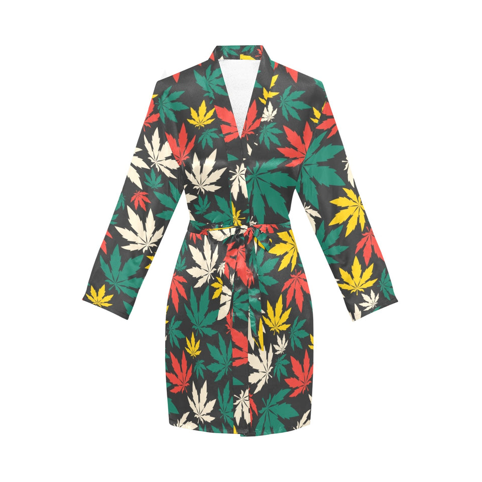 Canabis Marijuana Weed Pattern Print Design 02 Women's Long Sleeve Belted Night Robe