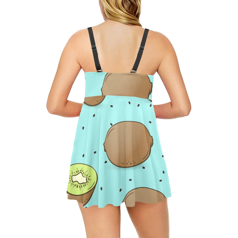 Kiwi blue background Chest Sexy Pleated Two Piece Swim Dress