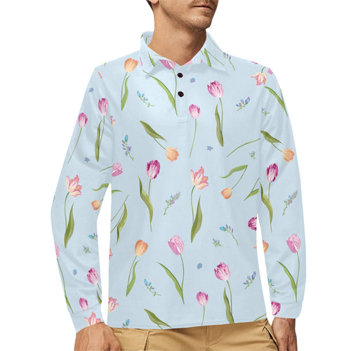 Watercolor Tulips pattern Men's Long Sleeve Polo Shirt