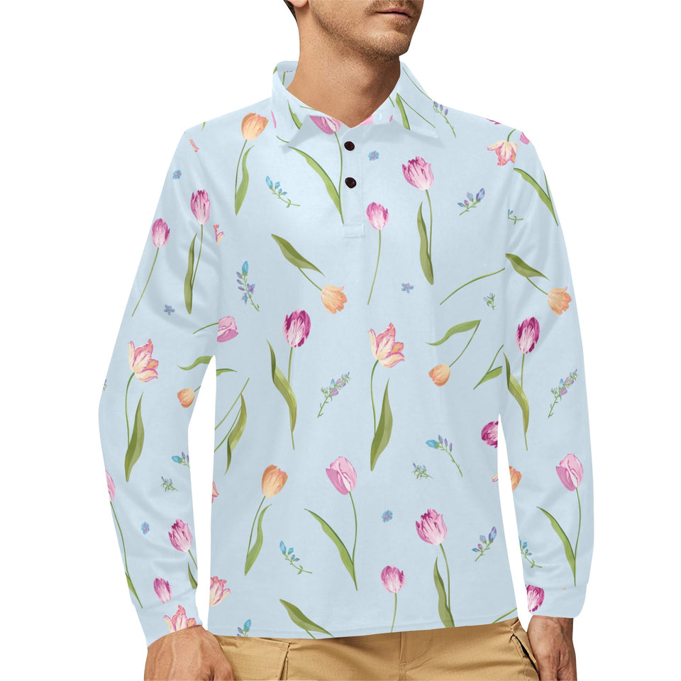 Watercolor Tulips pattern Men's Long Sleeve Polo Shirt