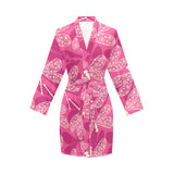 Beautiful dragonfly pink background Women's Long Sleeve Belted Night Robe