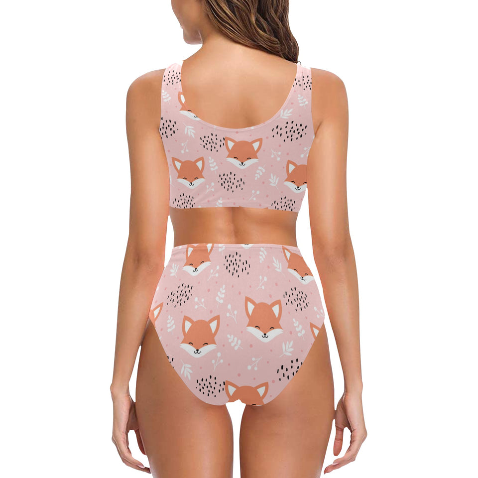 Cute fox pattern pink background Chest Bowknot High Waisted Bikini Swimsuit