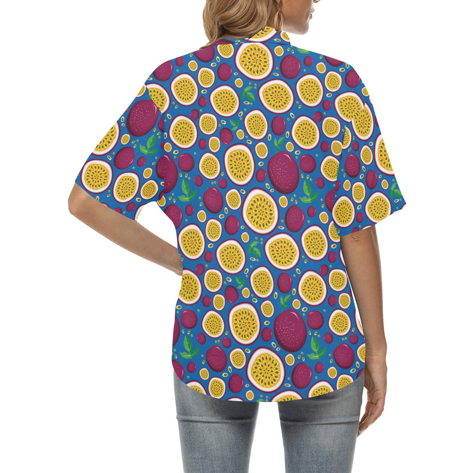 Passion fruit blue background Women's All Over Print Hawaiian Shirt