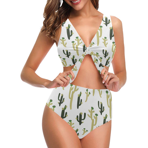 Cute cactus pattern Chest Bowknot High Waisted Bikini Swimsuit