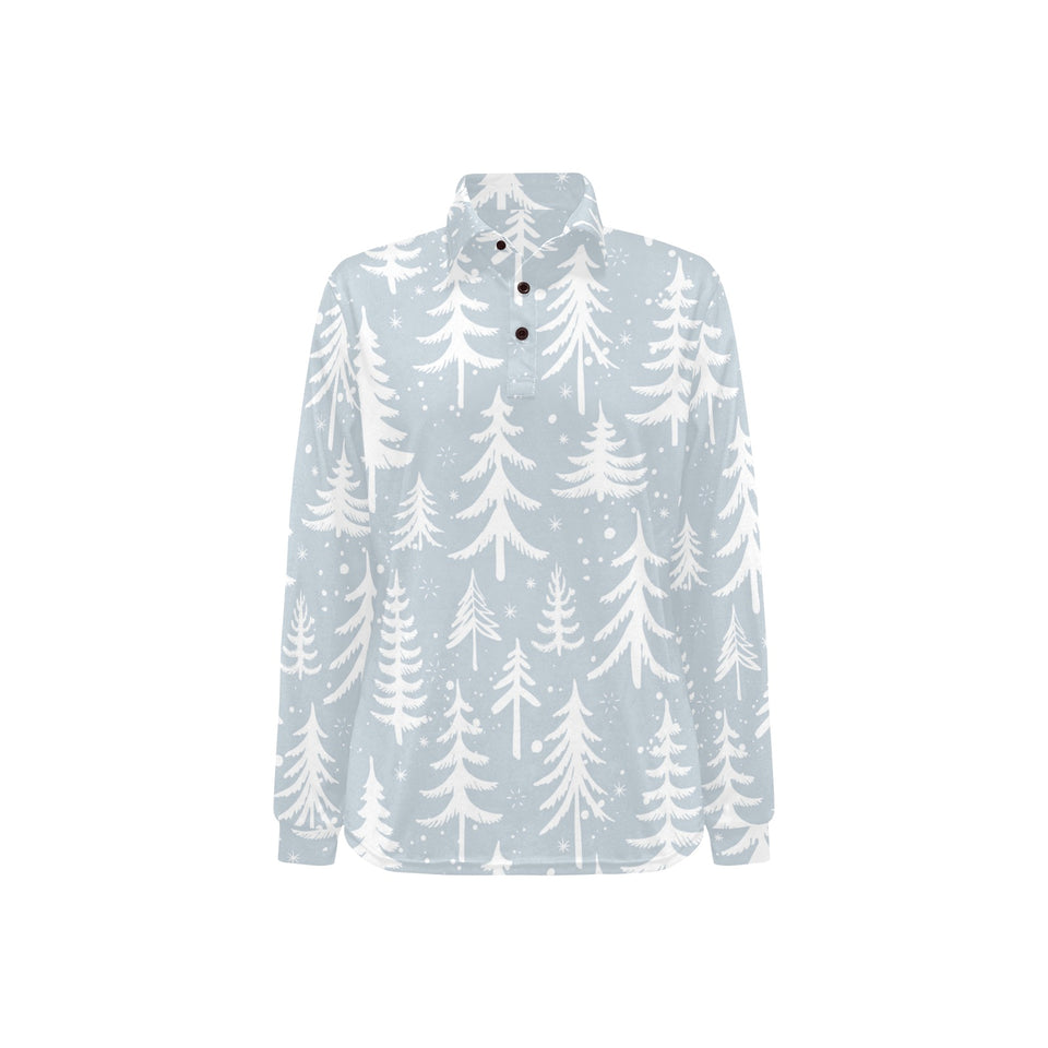 Christmas tree winter forest pattern Women's Long Sleeve Polo Shirt