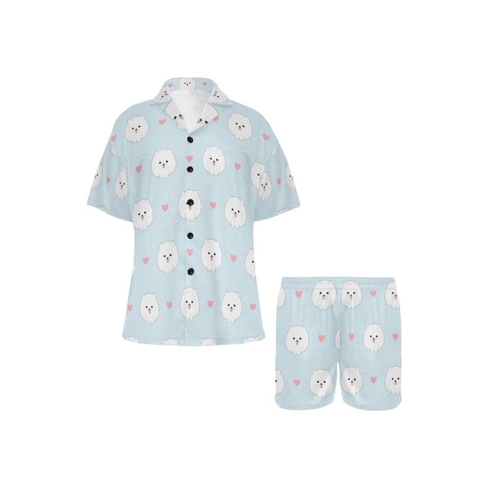 White cute pomeranian pattern Women's V-Neck Short Pajama Set