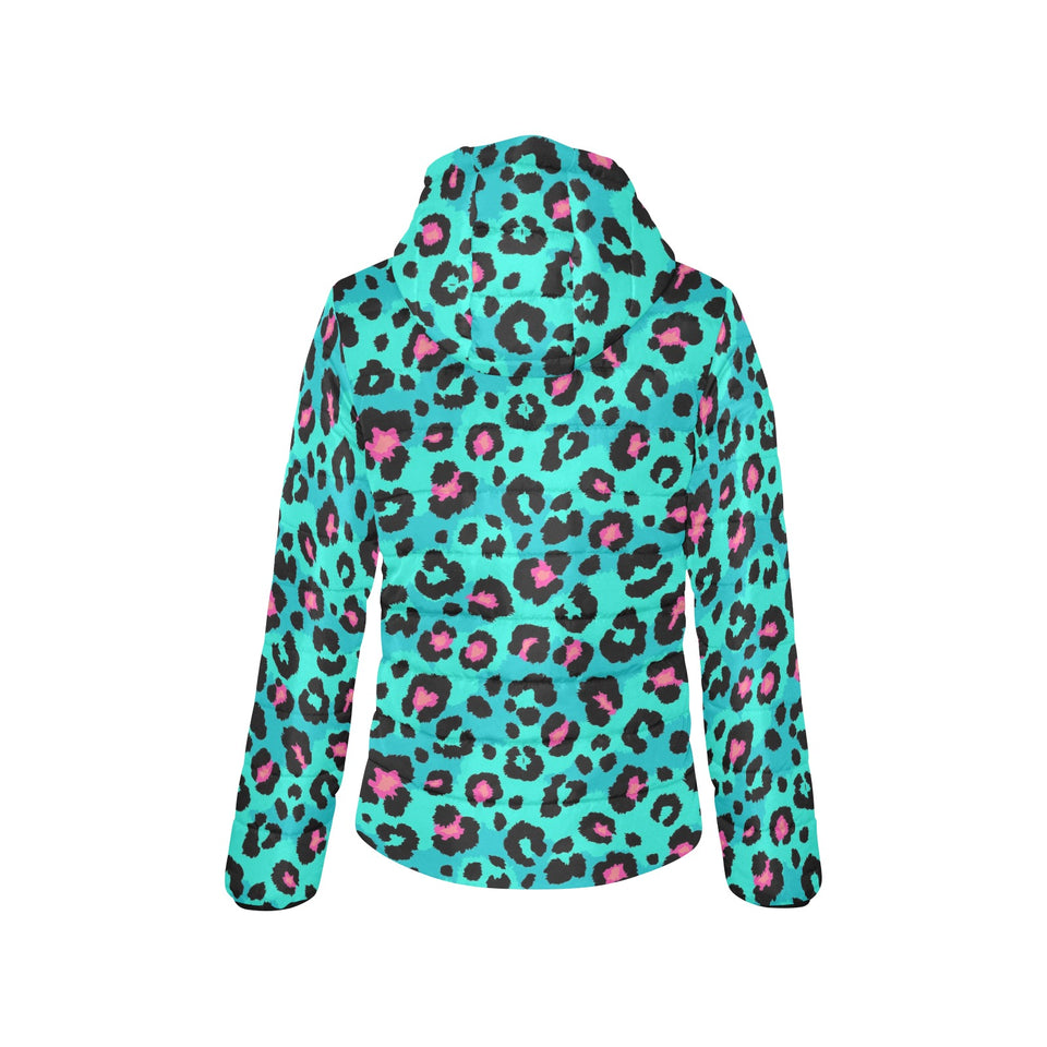 Green leopard skin print pattern Women's Padded Hooded Jacket