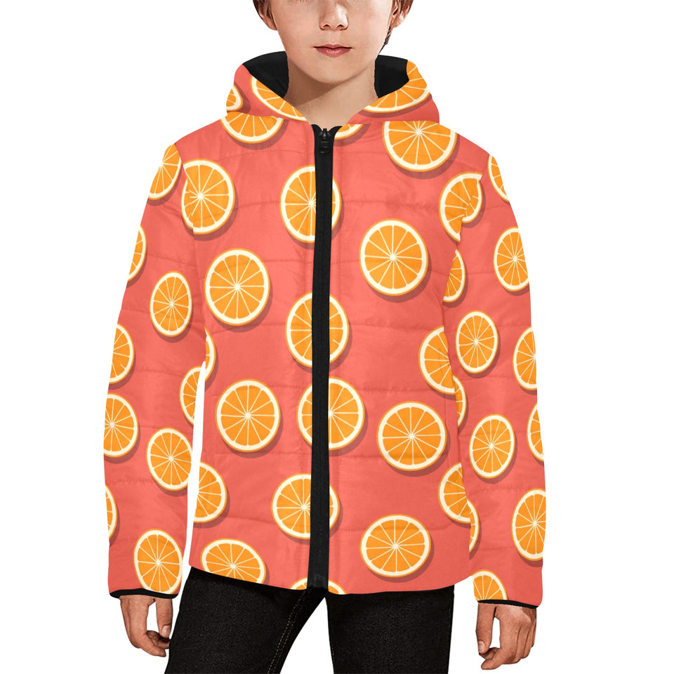 Oranges pattern red background Kids' Boys' Girls' Padded Hooded Jacket