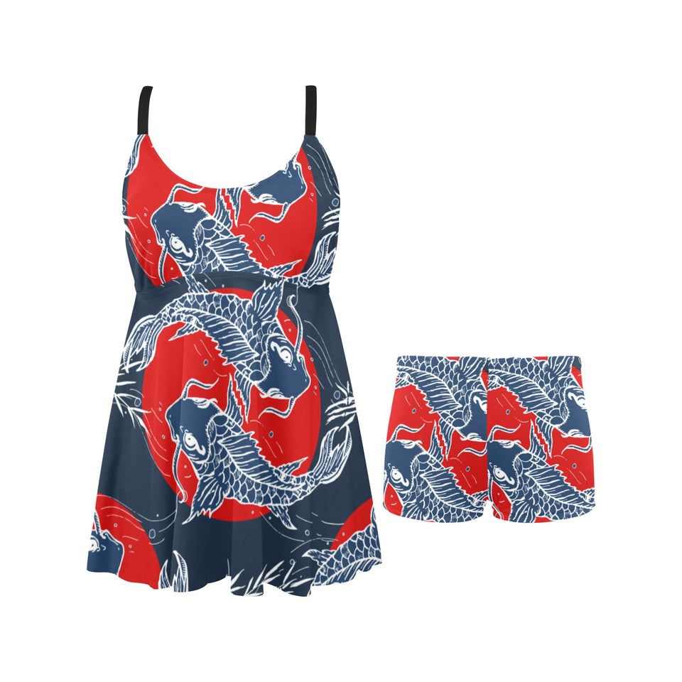 Koi Fish Carp Fishs hand drawn japanese art Chest Sexy Pleated Two Piece Swim Dress
