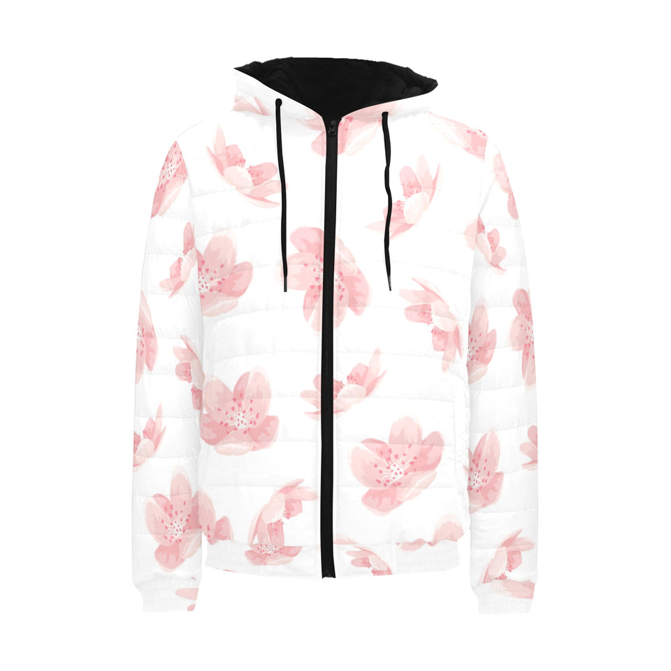 Pink sakura cherry blossom pattern Men's Padded Hooded Jacket