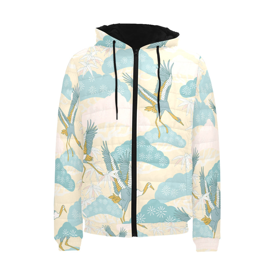 Bonsai bamboo stork japanese pattern cream theme Men's Padded Hooded Jacket