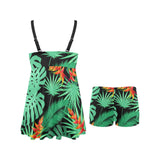 heliconia flower palm monstera leaves black backgr Chest Sexy Pleated Two Piece Swim Dress