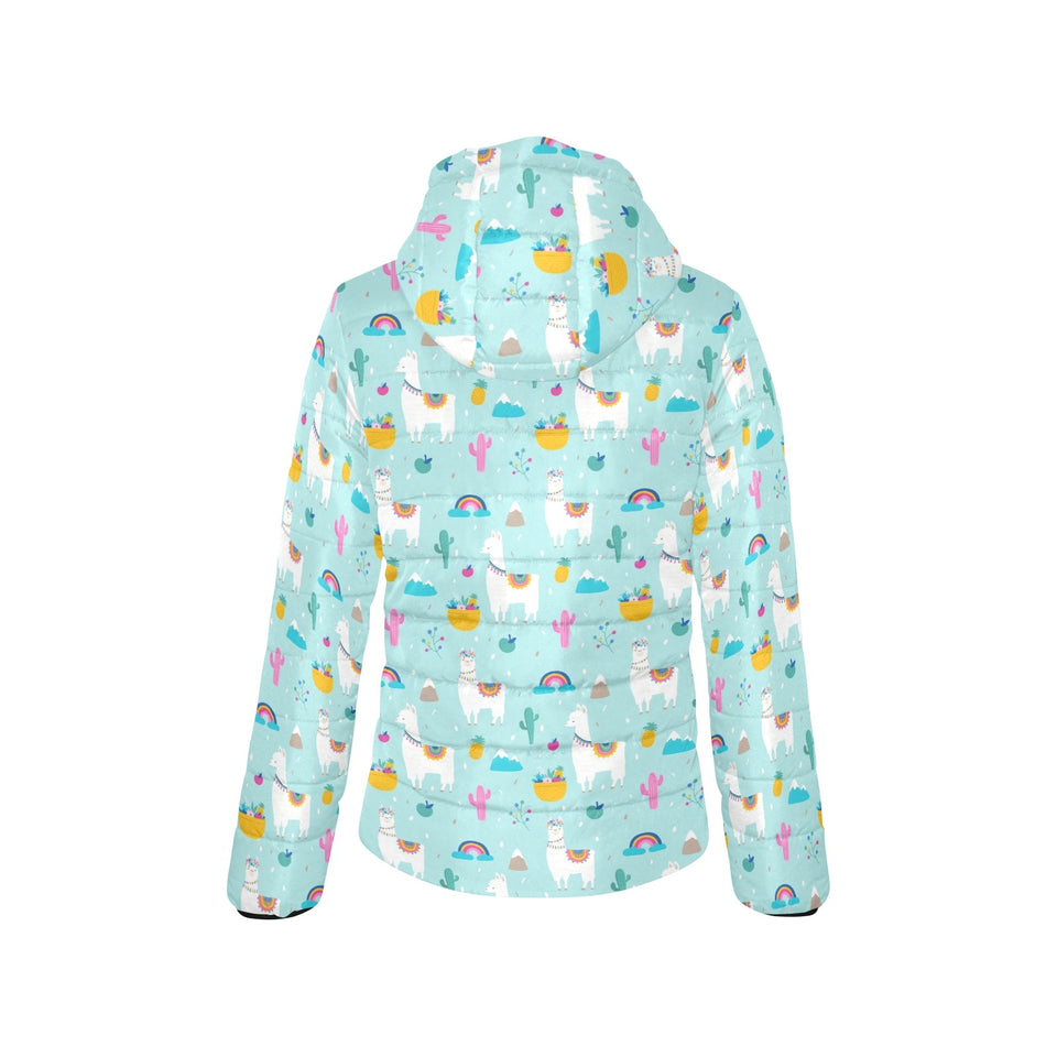 Llama alpaca cactus leaves pattern Women's Padded Hooded Jacket