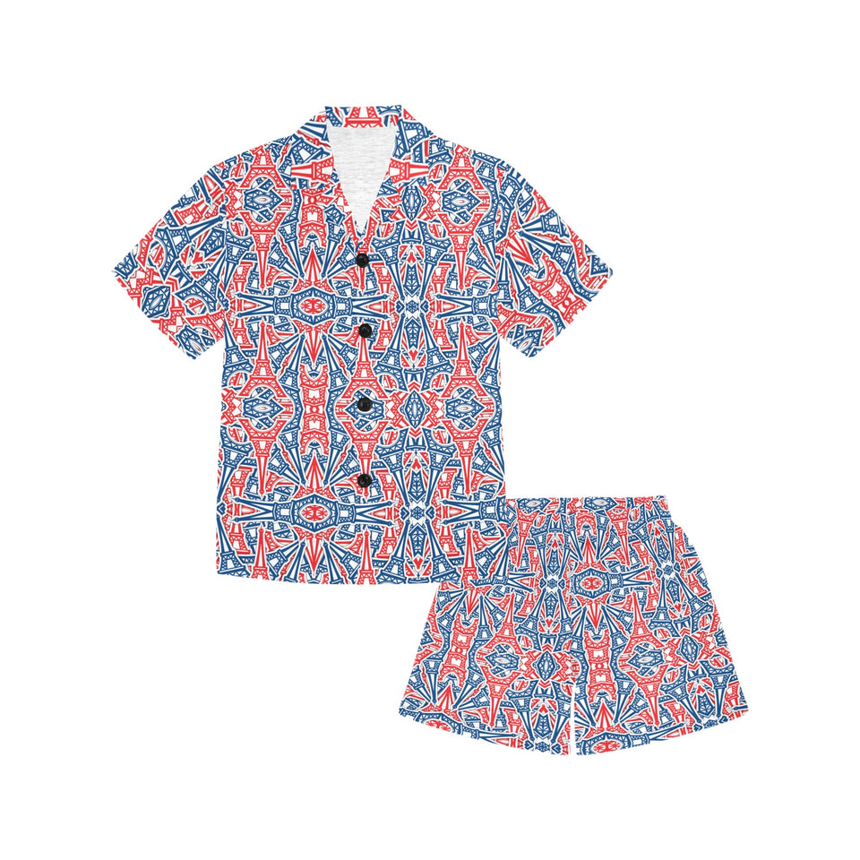 Blue Red Eiffel Tower Pattern Print Design 02 Kids' Boys' Girls' V-Neck Short Pajama Set