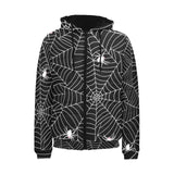 Spider web design pattern Black background white c Men's Padded Hooded Jacket