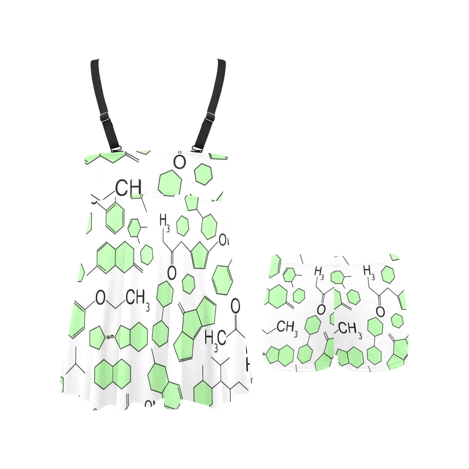 Chemistry Periodic Table Pattern Print Design 03 Chest Sexy Pleated Two Piece Swim Dress