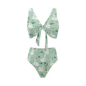 White swan lake pattern Chest Bowknot High Waisted Bikini Swimsuit
