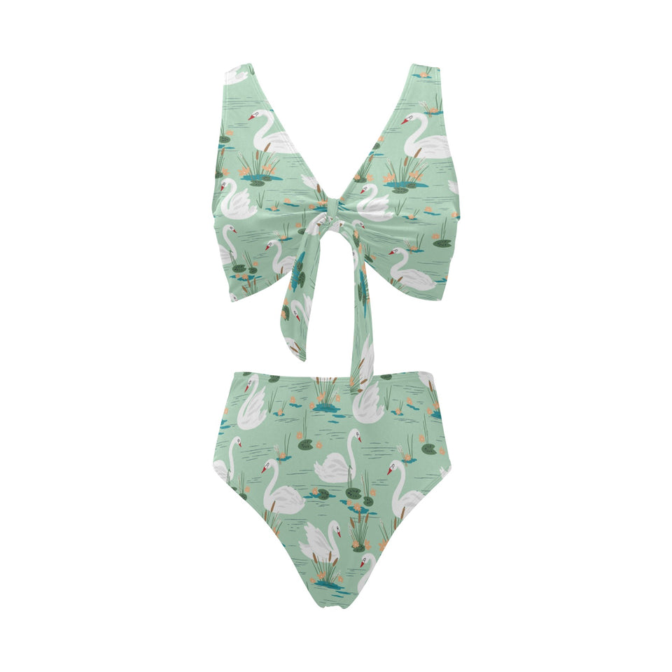 White swan lake pattern Chest Bowknot High Waisted Bikini Swimsuit
