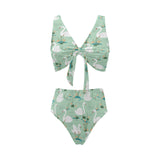 White swan lake pattern Chest Bowknot High Waisted Bikini Swimsuit