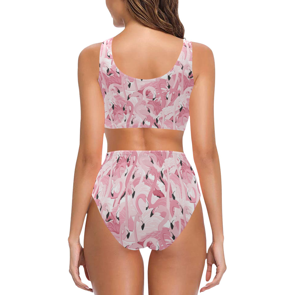 Pink flamingos pattern background Chest Bowknot High Waisted Bikini Swimsuit