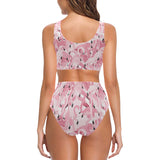 Pink flamingos pattern background Chest Bowknot High Waisted Bikini Swimsuit