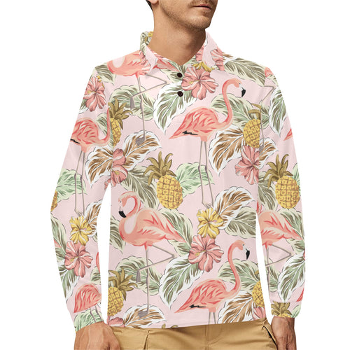 Pink flamingo birds pineapples hibiscus flower pat Men's Long Sleeve Polo Shirt