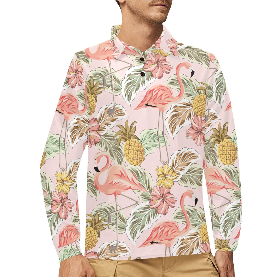 Pink flamingo birds pineapples hibiscus flower pat Men's Long Sleeve Polo Shirt