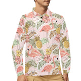 Pink flamingo birds pineapples hibiscus flower pat Men's Long Sleeve Polo Shirt