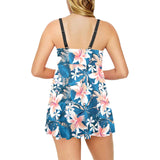 Hibiscus Pattern Print Design 02 Chest Sexy Pleated Two Piece Swim Dress