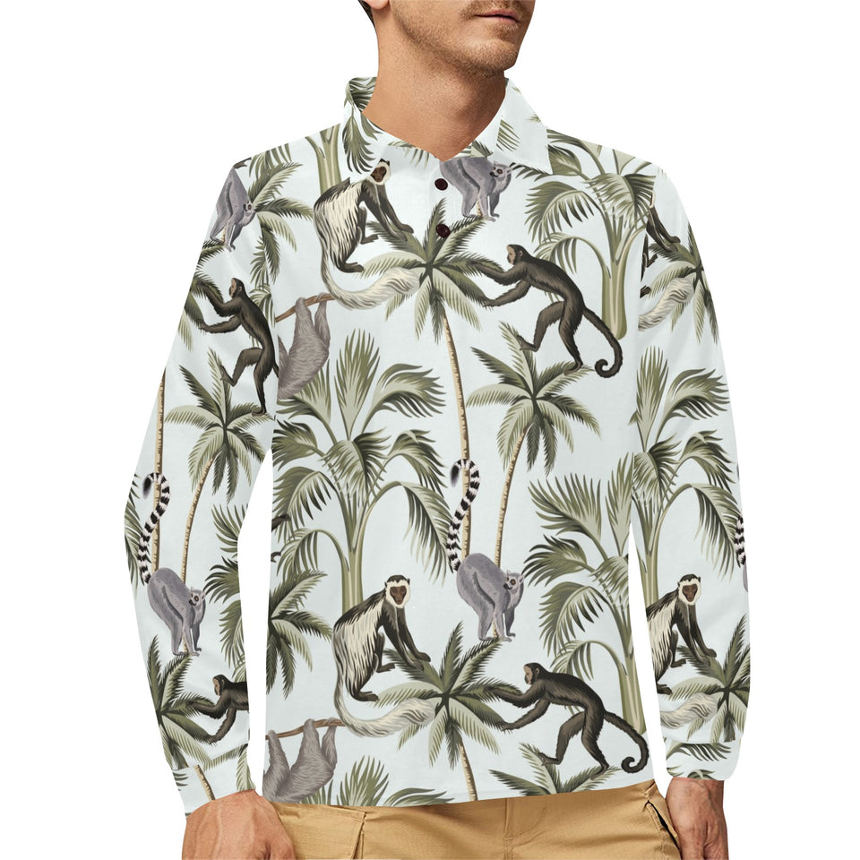 Monkey sloth lemur palm trees pattern Men's Long Sleeve Polo Shirt