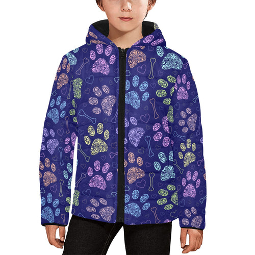 Dog Paws Pattern Print Design 02 Kids' Boys' Girls' Padded Hooded Jacket