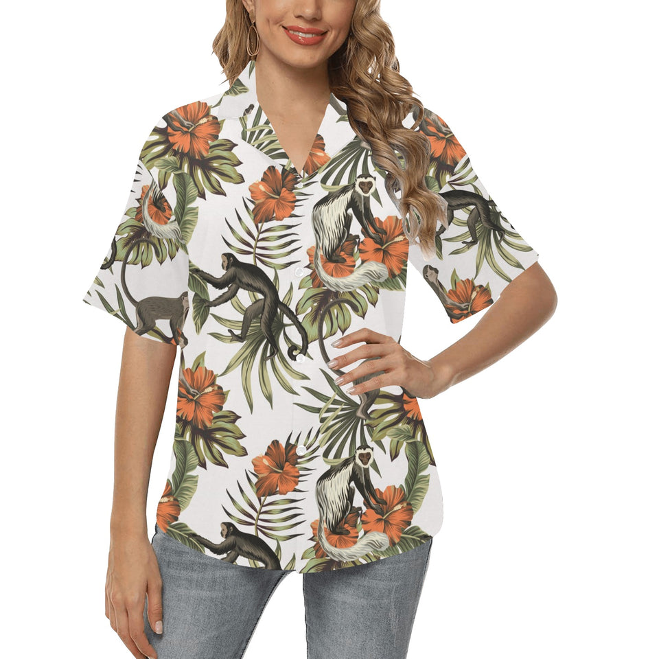Monkey red hibiscus flower palm leaves floral patt Women's All Over Print Hawaiian Shirt