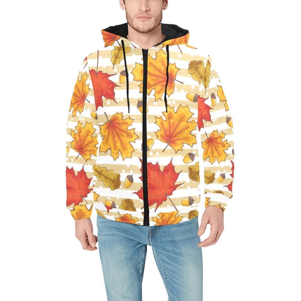 Maple leaf oak leaf acorns beige striped backgroun Men's Padded Hooded Jacket