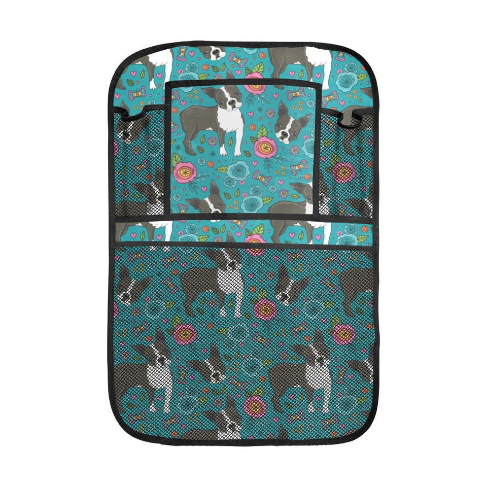 Boston terrier beautiful flower pattern Car Seat Back Organizer