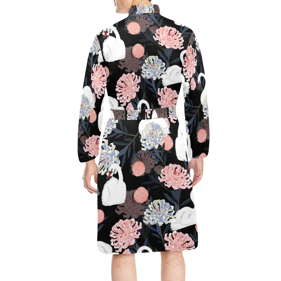 white swan blooming flower pattern Men's Long Sleeve Belted Night Robe