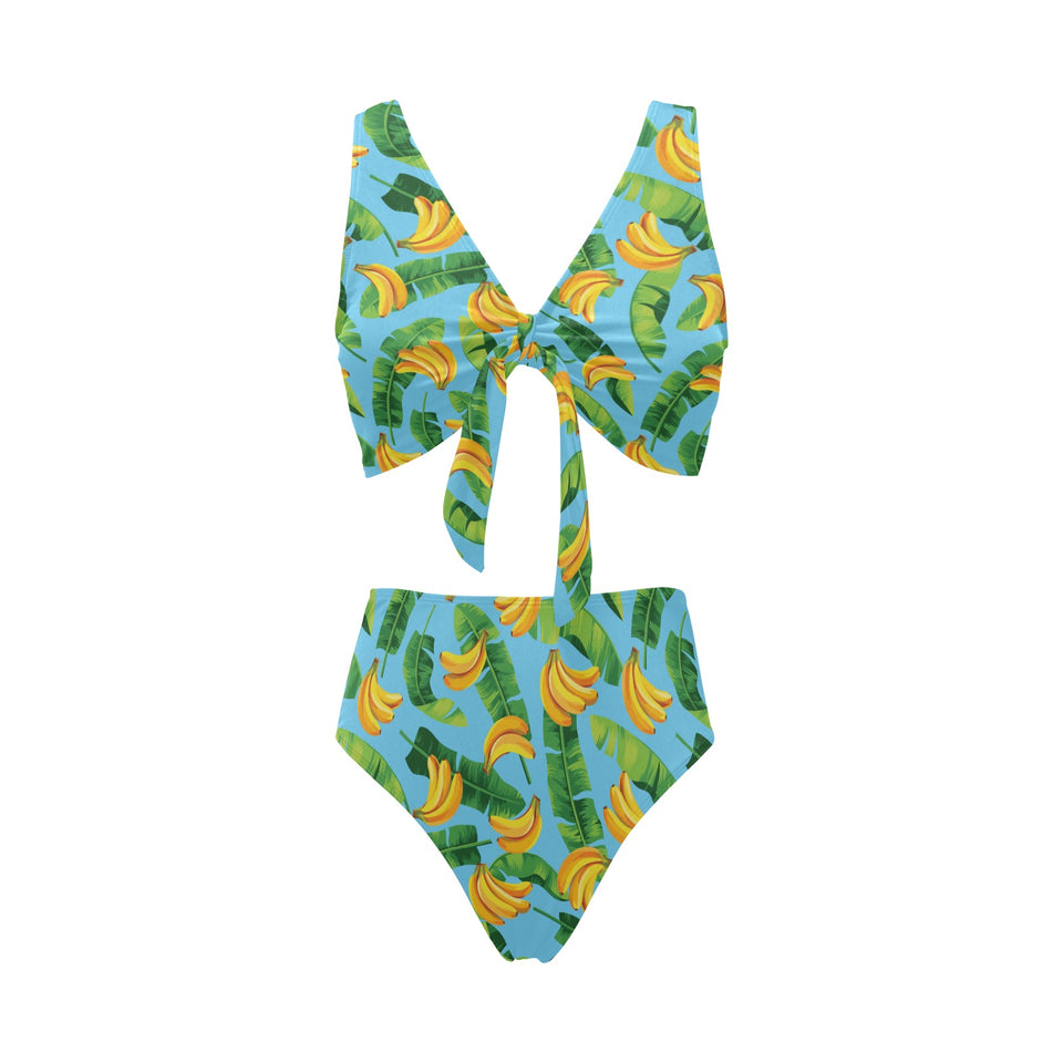 banana leaves banana design pattern Chest Bowknot High Waisted Bikini Swimsuit
