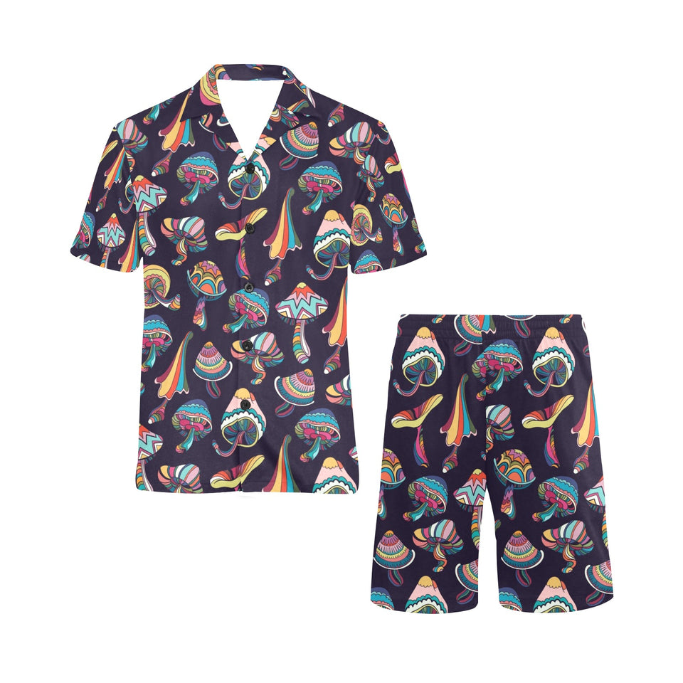 Colorful mushroom pattern Men's V-Neck Short Pajama Set