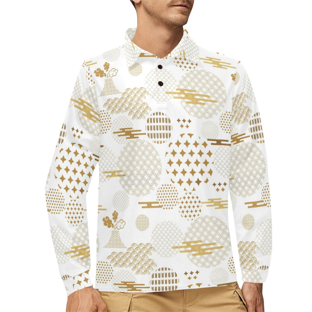 Beautiful gold japanese pattern Men's Long Sleeve Polo Shirt