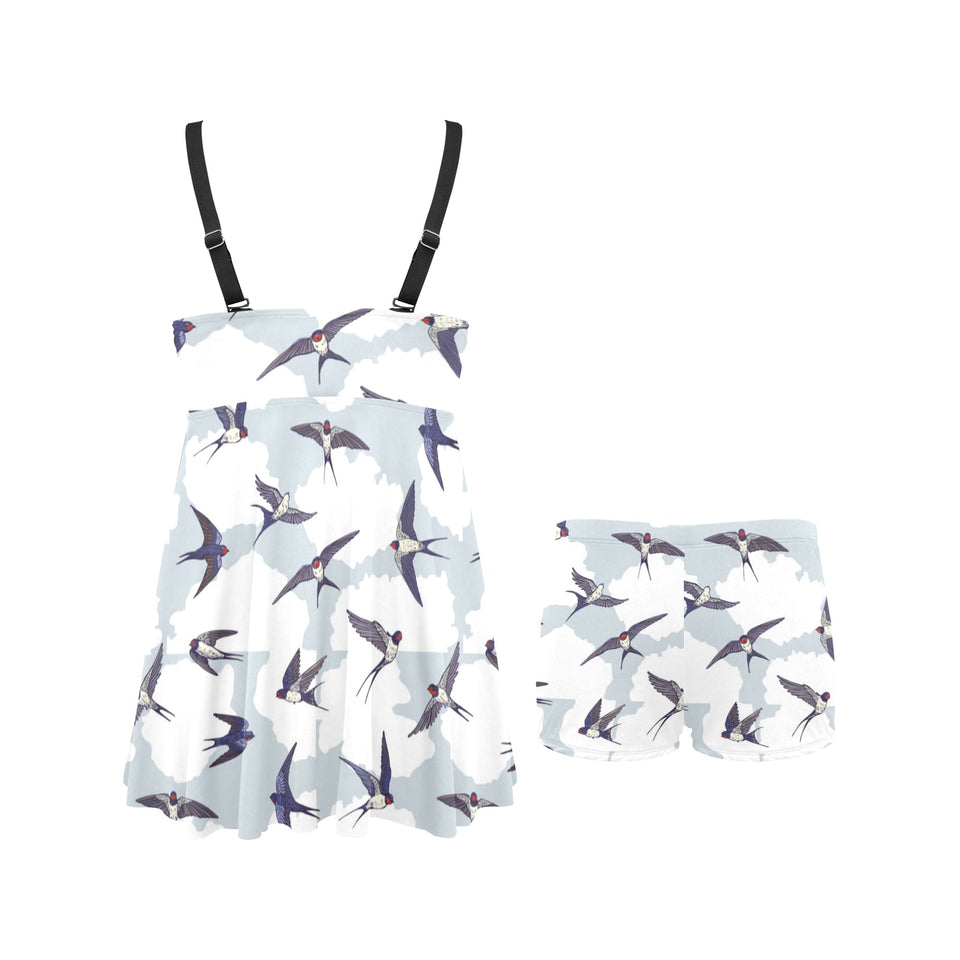 Swallow Pattern Print Design 05 Chest Sexy Pleated Two Piece Swim Dress
