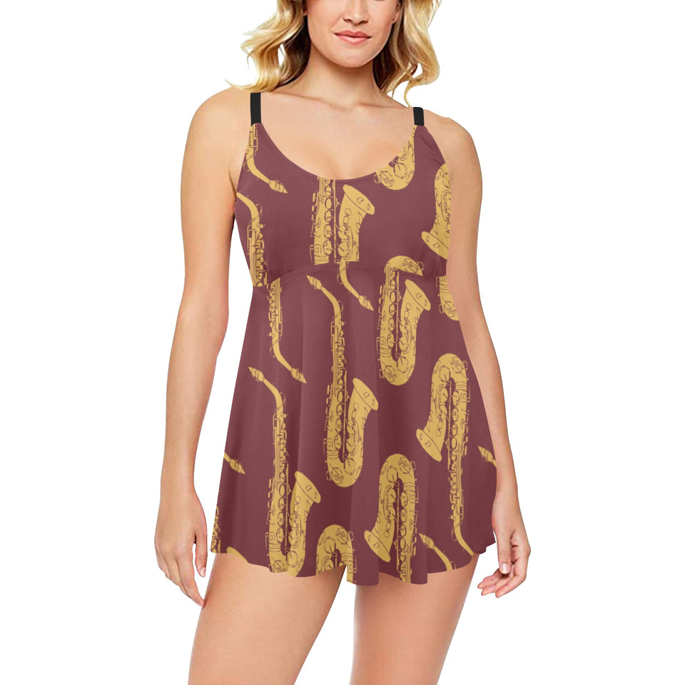 Hand drawn gold saxophone red background Chest Sexy Pleated Two Piece Swim Dress