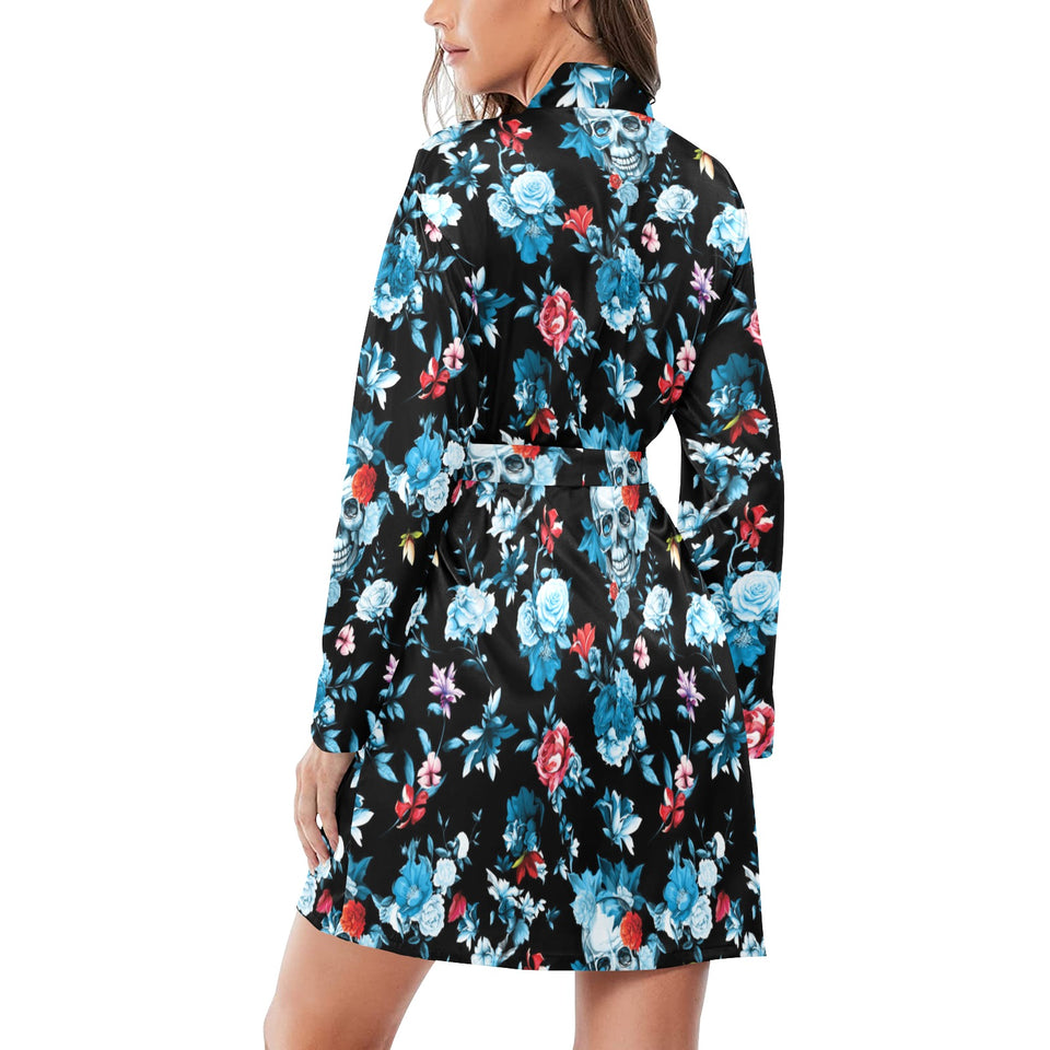Skull flower roses leave pattern Women's Long Sleeve Belted Night Robe