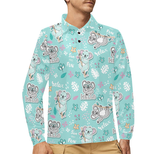 Cute koalas blue background pattern Men's Long Sleeve Polo Shirt