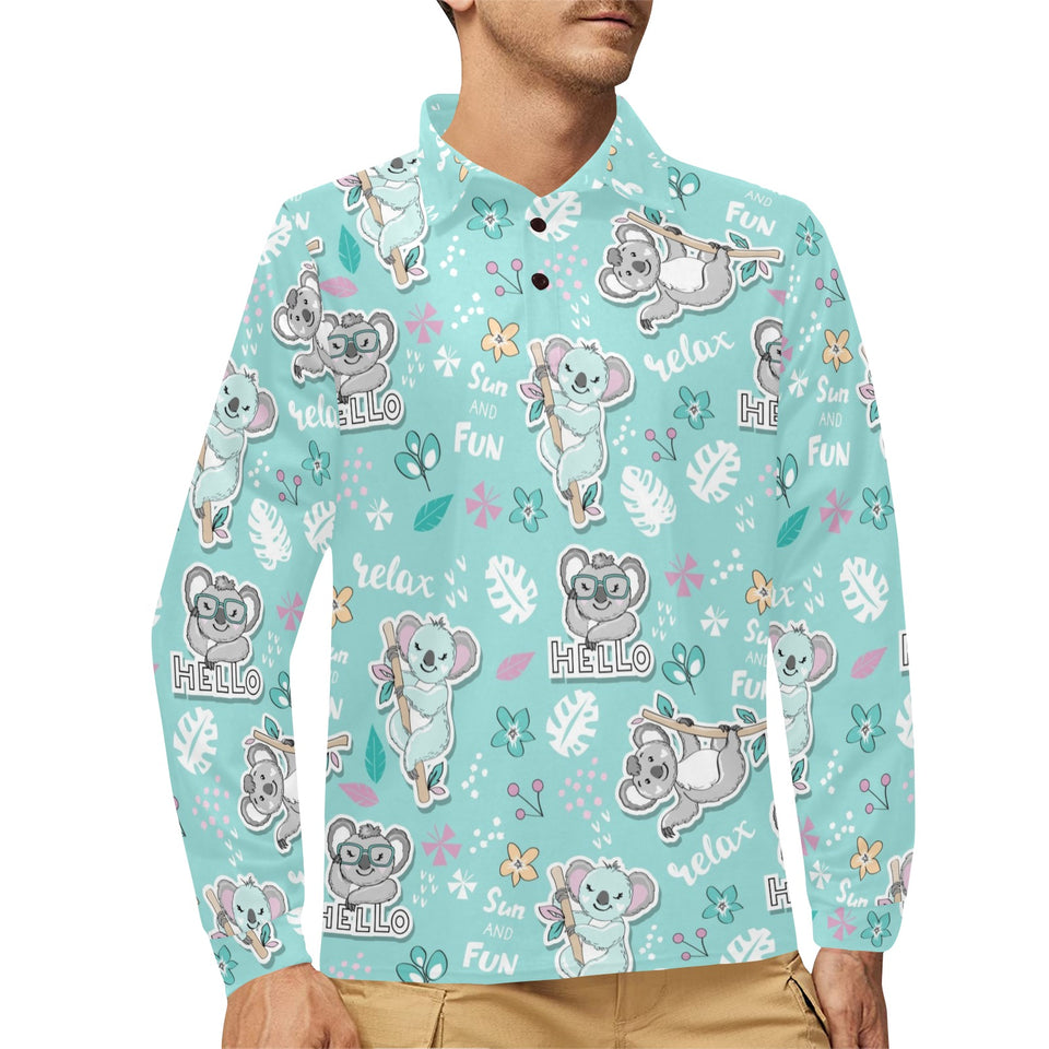 Cute koalas blue background pattern Men's Long Sleeve Polo Shirt