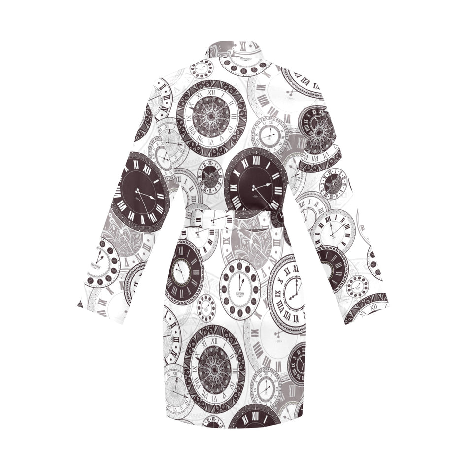 Classic vintage clock pattern Women's Long Sleeve Belted Night Robe
