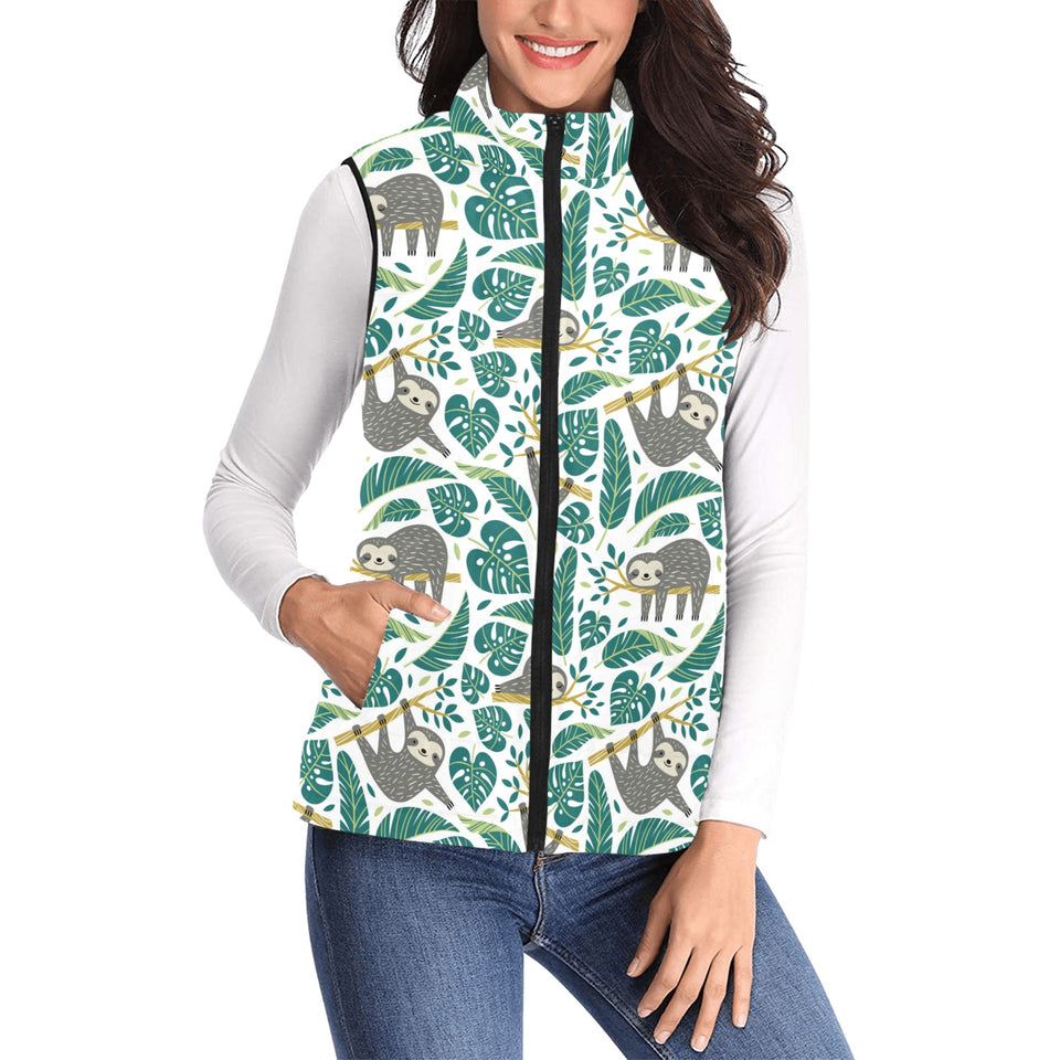Cute sloths tropical palm leaves white background Women's Padded Vest