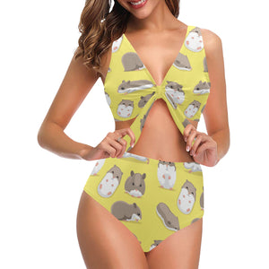 Cute Hamster pattern Chest Bowknot High Waisted Bikini Swimsuit