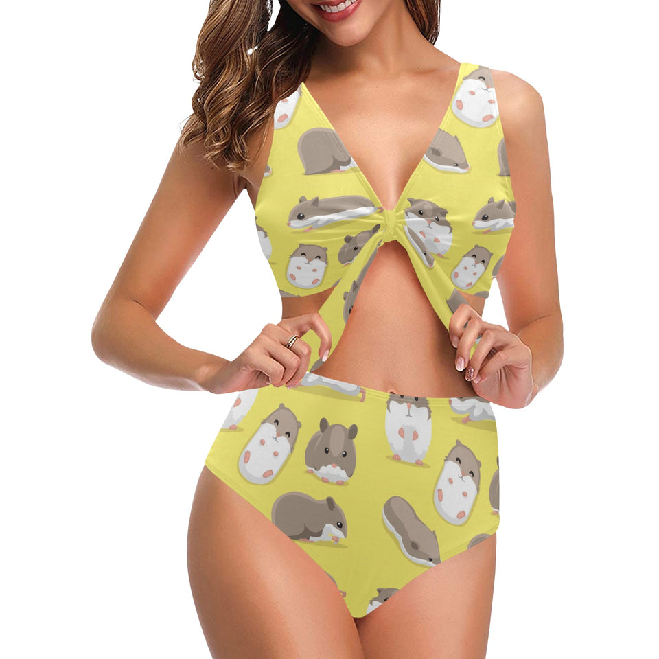 Cute Hamster pattern Chest Bowknot High Waisted Bikini Swimsuit