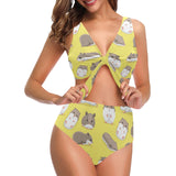 Cute Hamster pattern Chest Bowknot High Waisted Bikini Swimsuit
